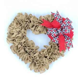 Natural Burlap Heart Wreath - Red/White Bow