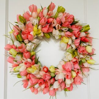 Coral/Green/White Tulip Wreath - 20in